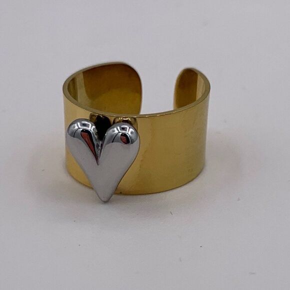 Ring, new, gold coloured stainless steel, adjustable, heart, cigar band - Picture 7 of 16